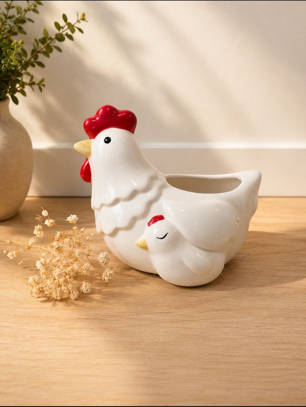 Ceramic Hen Planter with Chick - White & Red